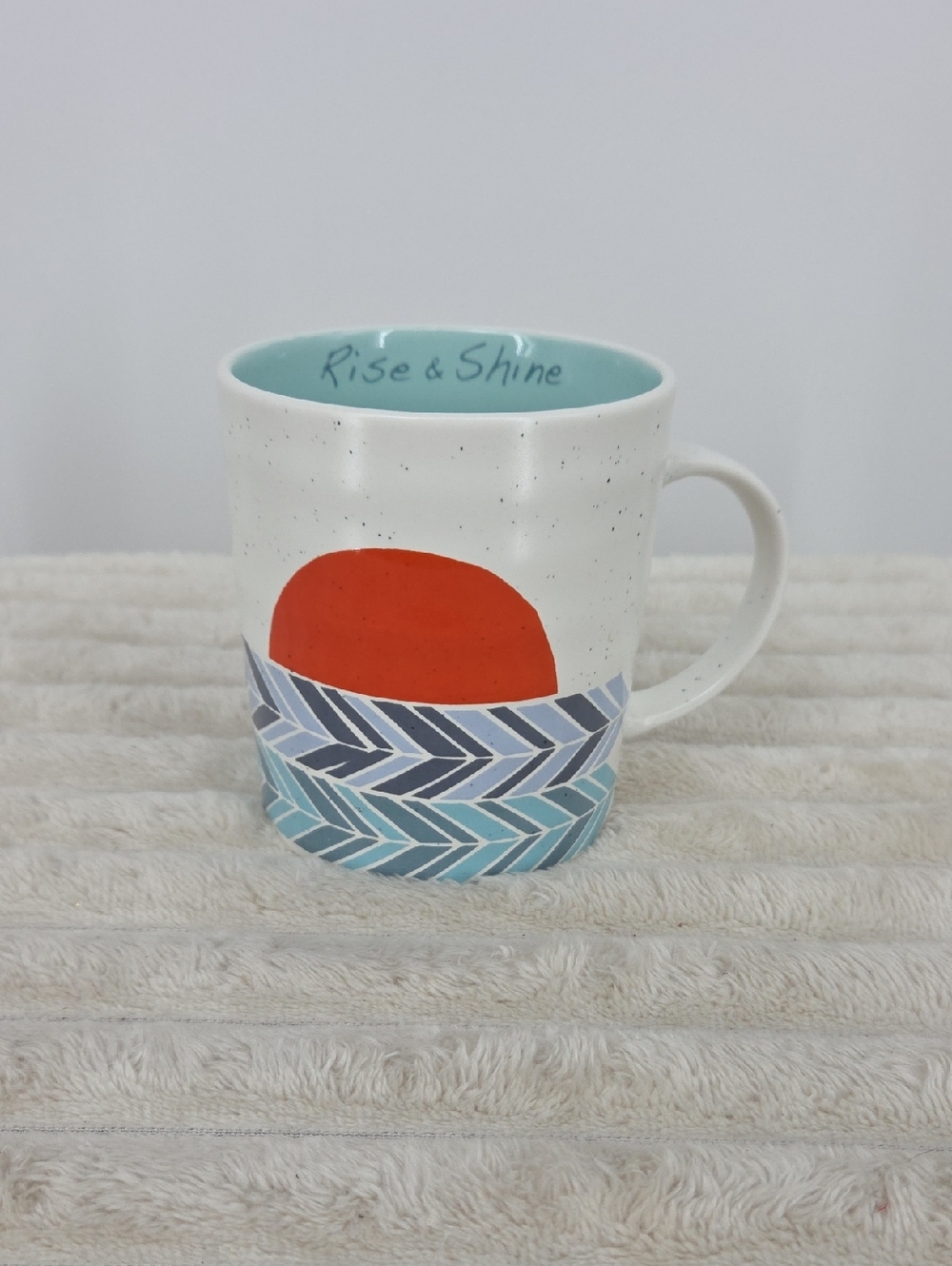 Rise & Shine Ceramic Coffee Mug - White with Orange & Blue Design